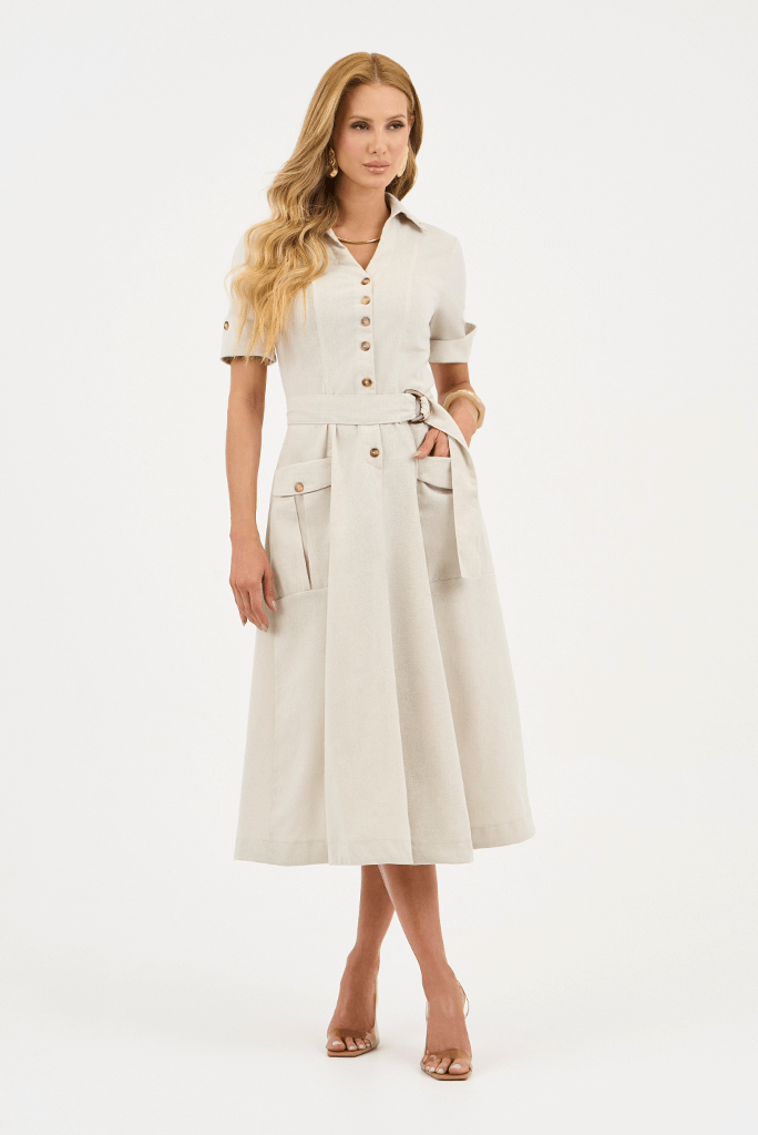 Vestido Cru Em Linho Godê Bolso Cargo Via Tolentino
