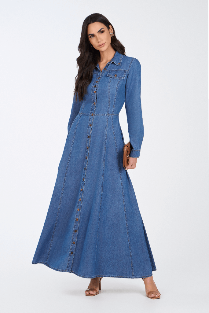 Vestido Jeans Escuro Chemise Godê Midi