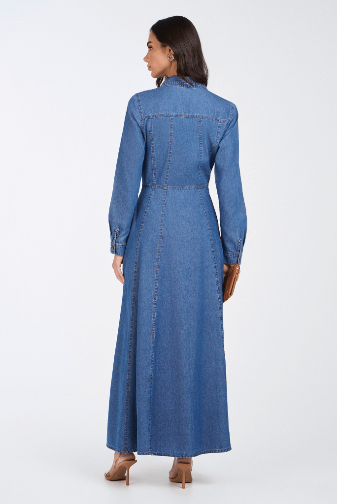 Vestido Jeans Escuro Chemise Godê Midi
