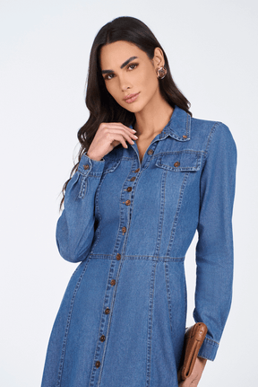 Vestido Jeans Escuro Chemise Godê Midi