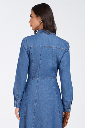Vestido Jeans Escuro Chemise Godê Midi
