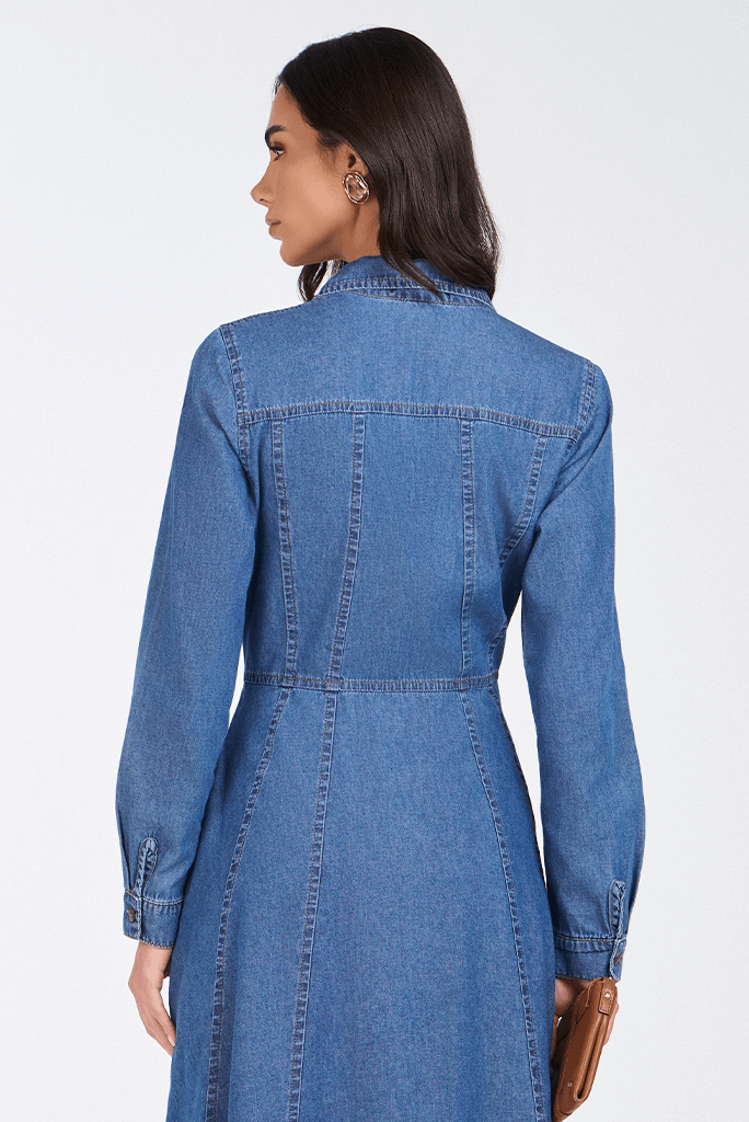 Vestido Jeans Escuro Chemise Godê Midi