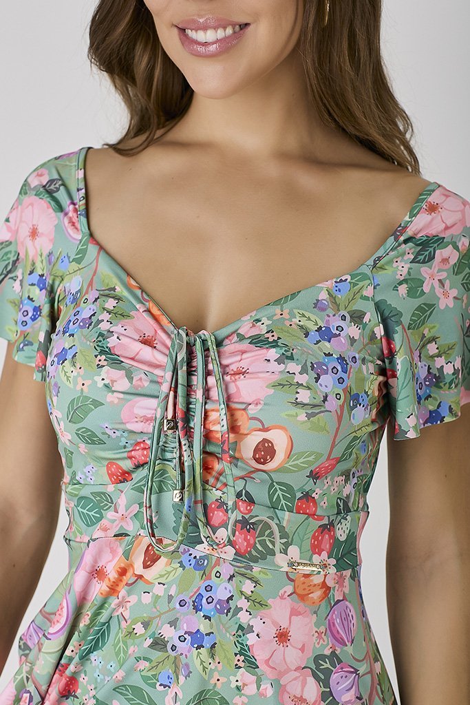 Vestido Verde Com Short Moda Praia Modesta Estampa Exclusiva