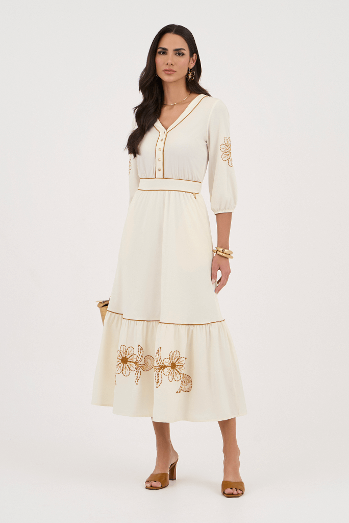 Vestido Off Com Bordado Caramelo Godê