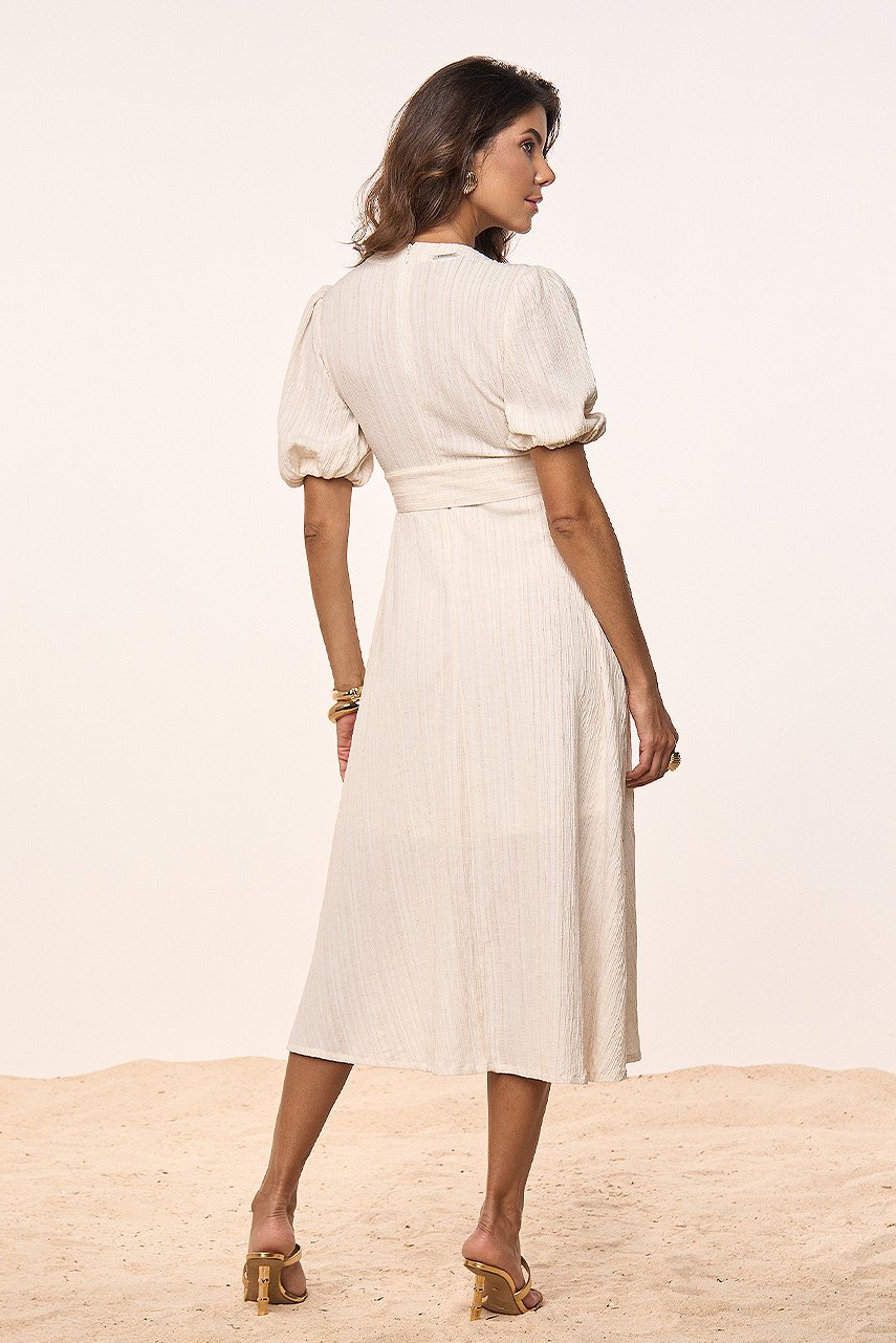 Vestido Off White Tecido Texturizado Com Faixa e Fivela Titanium Jeans