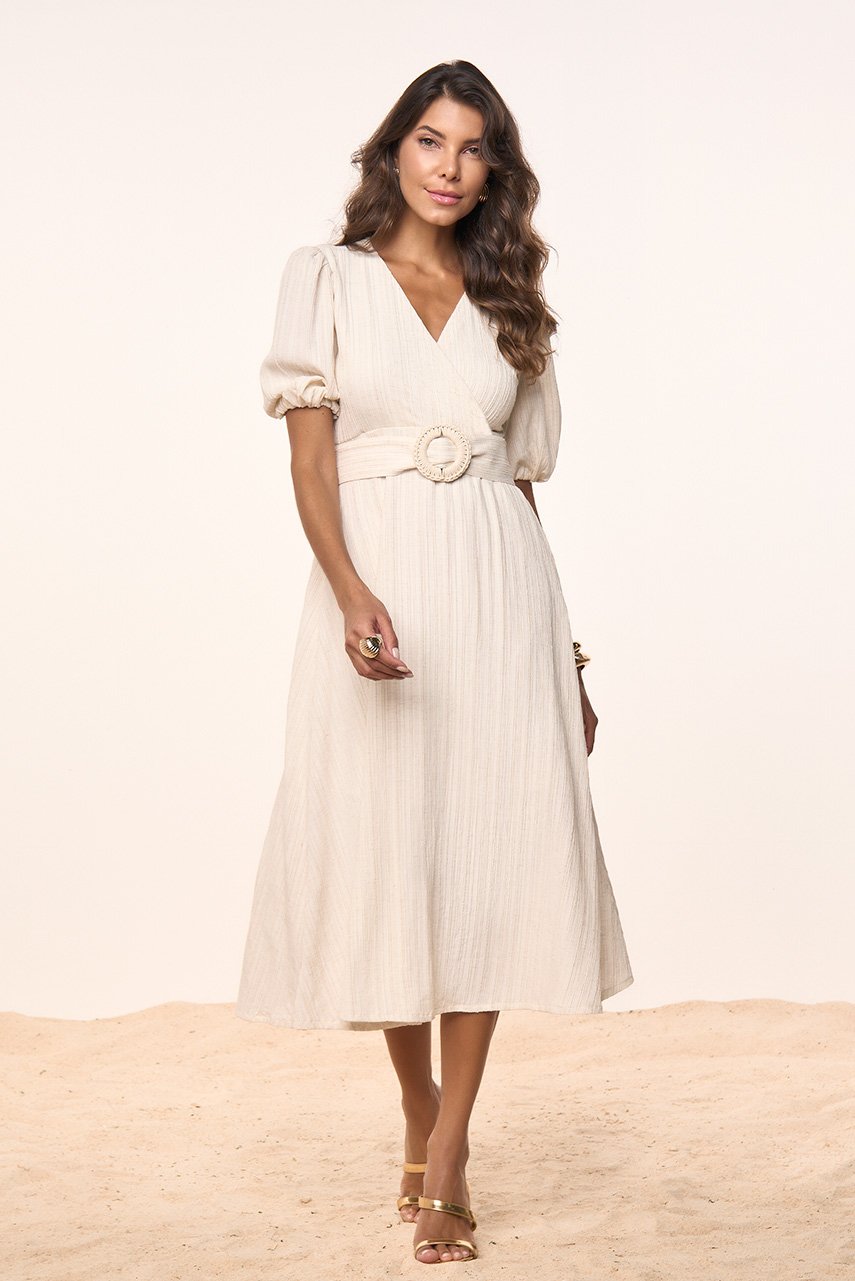 Vestido Off White Tecido Texturizado Com Faixa e Fivela Titanium Jeans