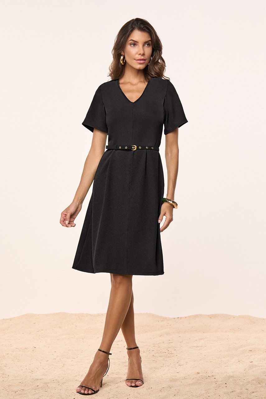 Vestido Preto Evasê Crepe Titanium Jeans
