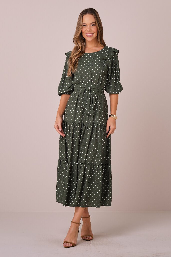 Vestido Verde Maxi Midi no Crepe Poá