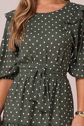 Vestido Verde Maxi Midi no Crepe Poá