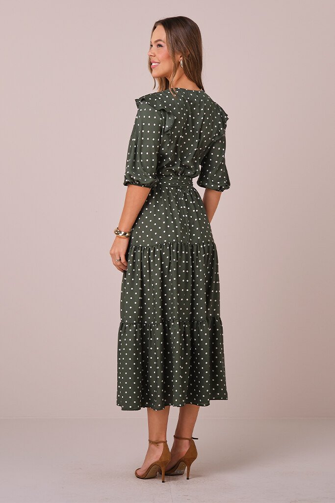 Vestido Verde Maxi Midi no Crepe Poá