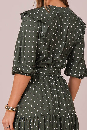 Vestido Verde Maxi Midi no Crepe Poá