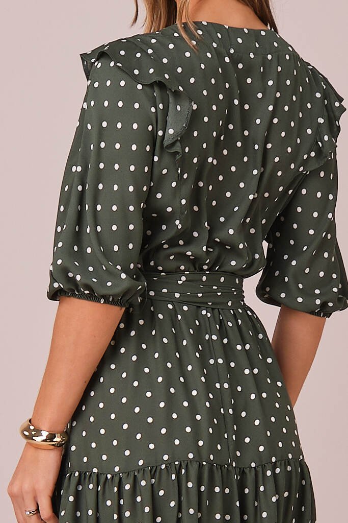 Vestido Verde Maxi Midi no Crepe Poá
