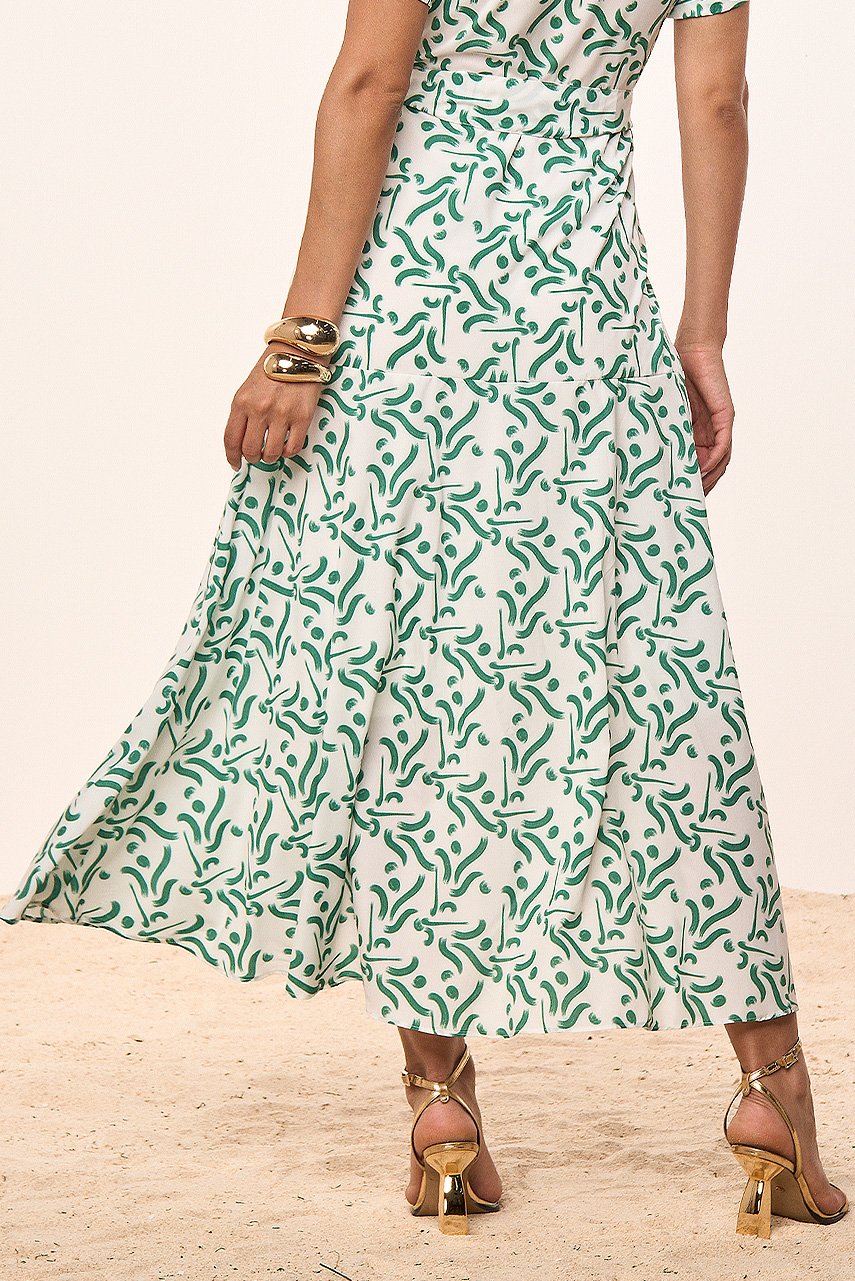 Vestido Verde Crepe Estampa Exclusiva Com Botões e Faixa Titanium Jeans