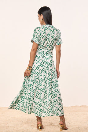 Vestido Verde Crepe Estampa Exclusiva Com Botões e Faixa Titanium Jeans