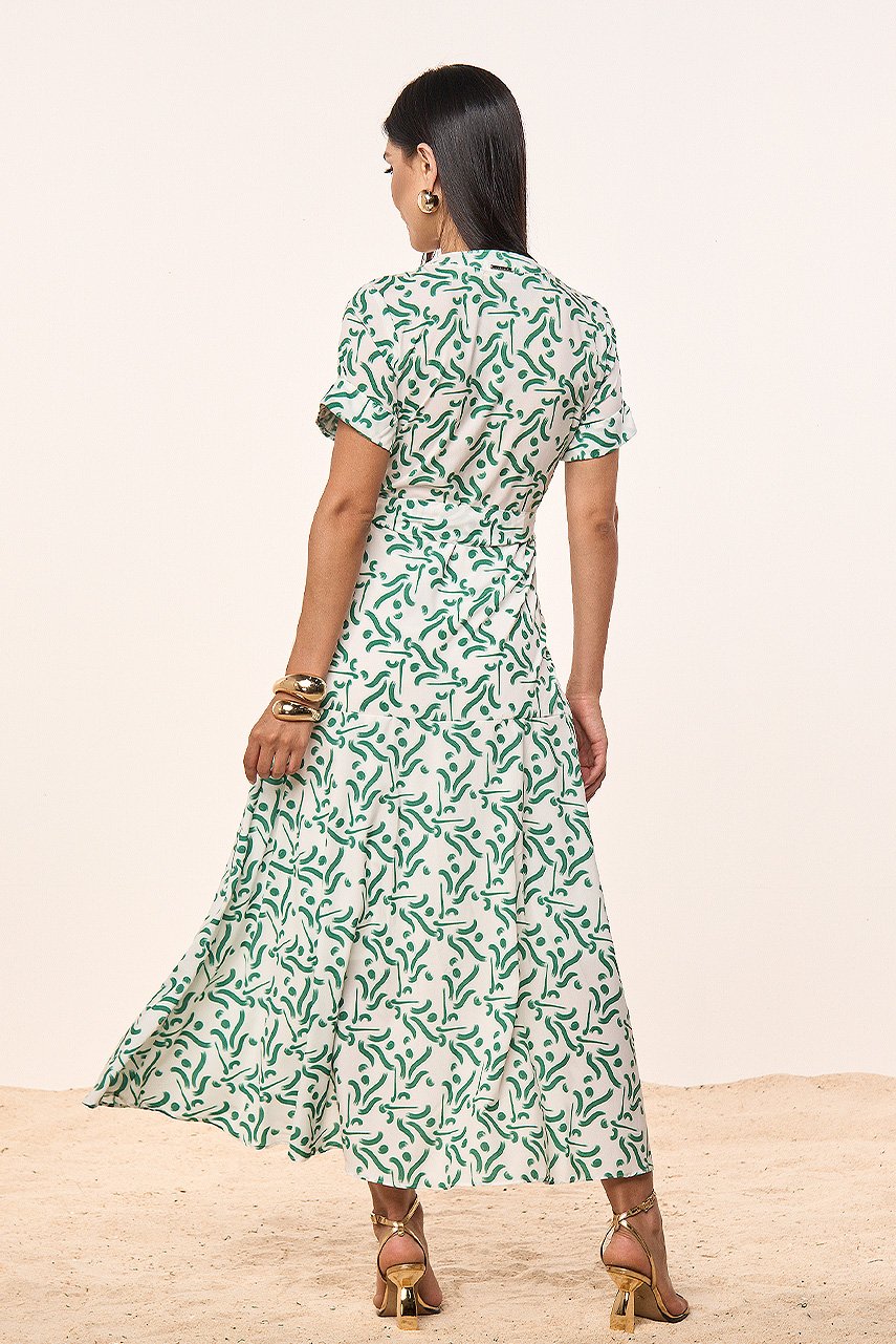 Vestido Verde Crepe Estampa Exclusiva Com Botões e Faixa Titanium Jeans