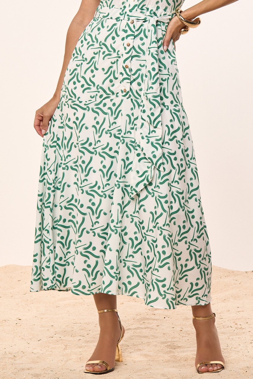 Vestido Verde Crepe Estampa Exclusiva Com Botões e Faixa Titanium Jeans