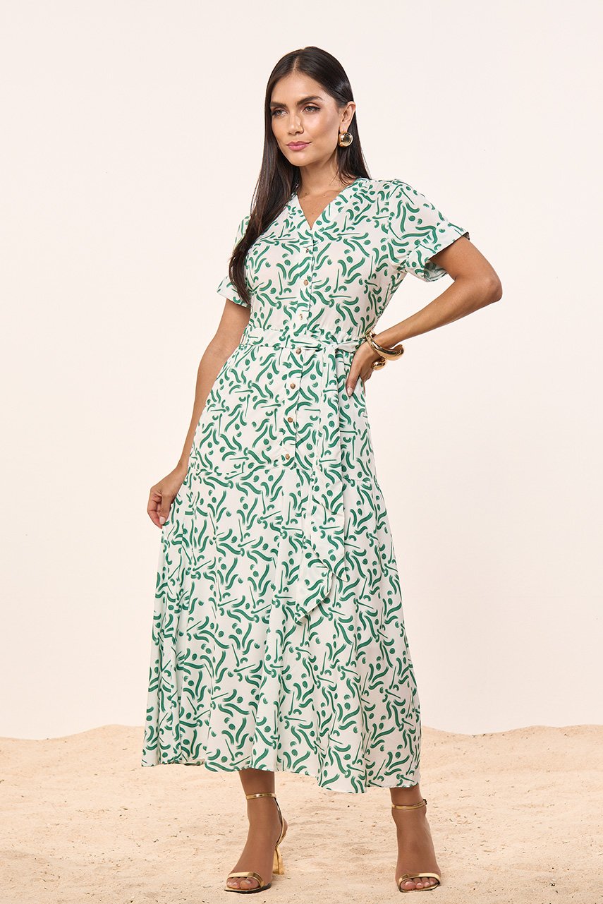 Vestido Verde Crepe Estampa Exclusiva Com Botões e Faixa Titanium Jeans